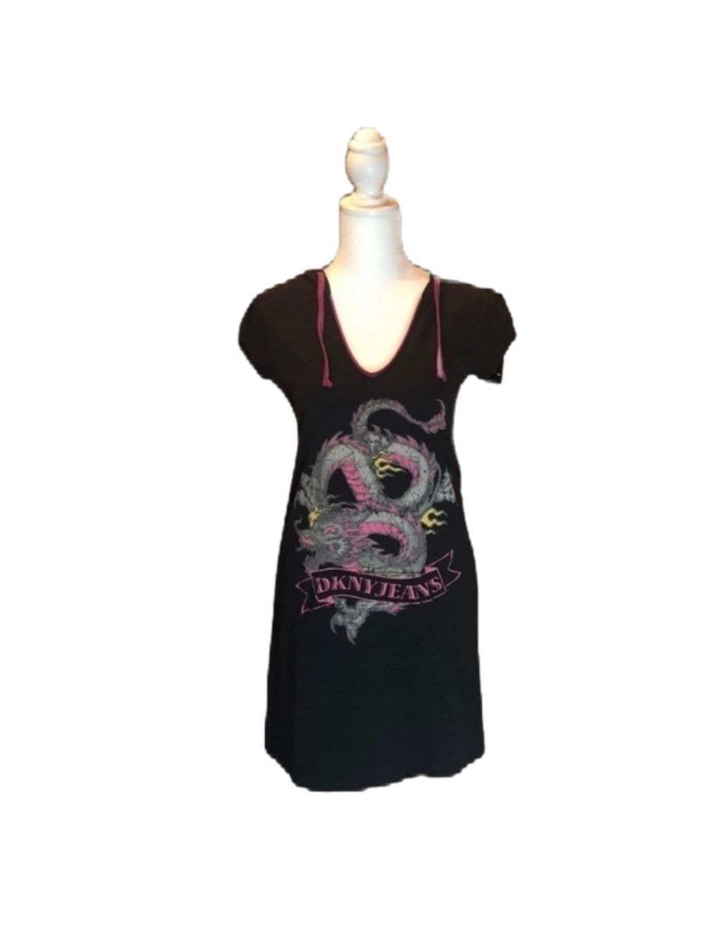 DKNY JEANS Black Hooded Sweatshirt Dragon Dress XS